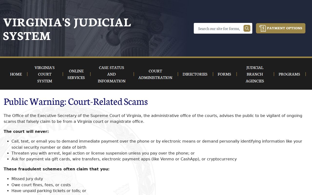 Tazewell County warrant search, Virginia Courts warning against phone payment threats