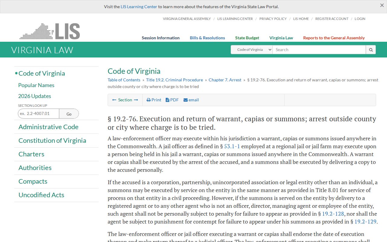 Tazewell County arrest warrant lookup, Virginia execution and return rules