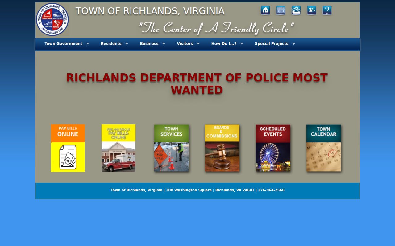 Richlands Police official most-wanted program page for Tazewell County warrant notices