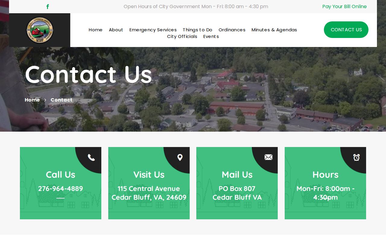 Cedar Bluff Town Hall address and hours for routing a local Tazewell County warrant question